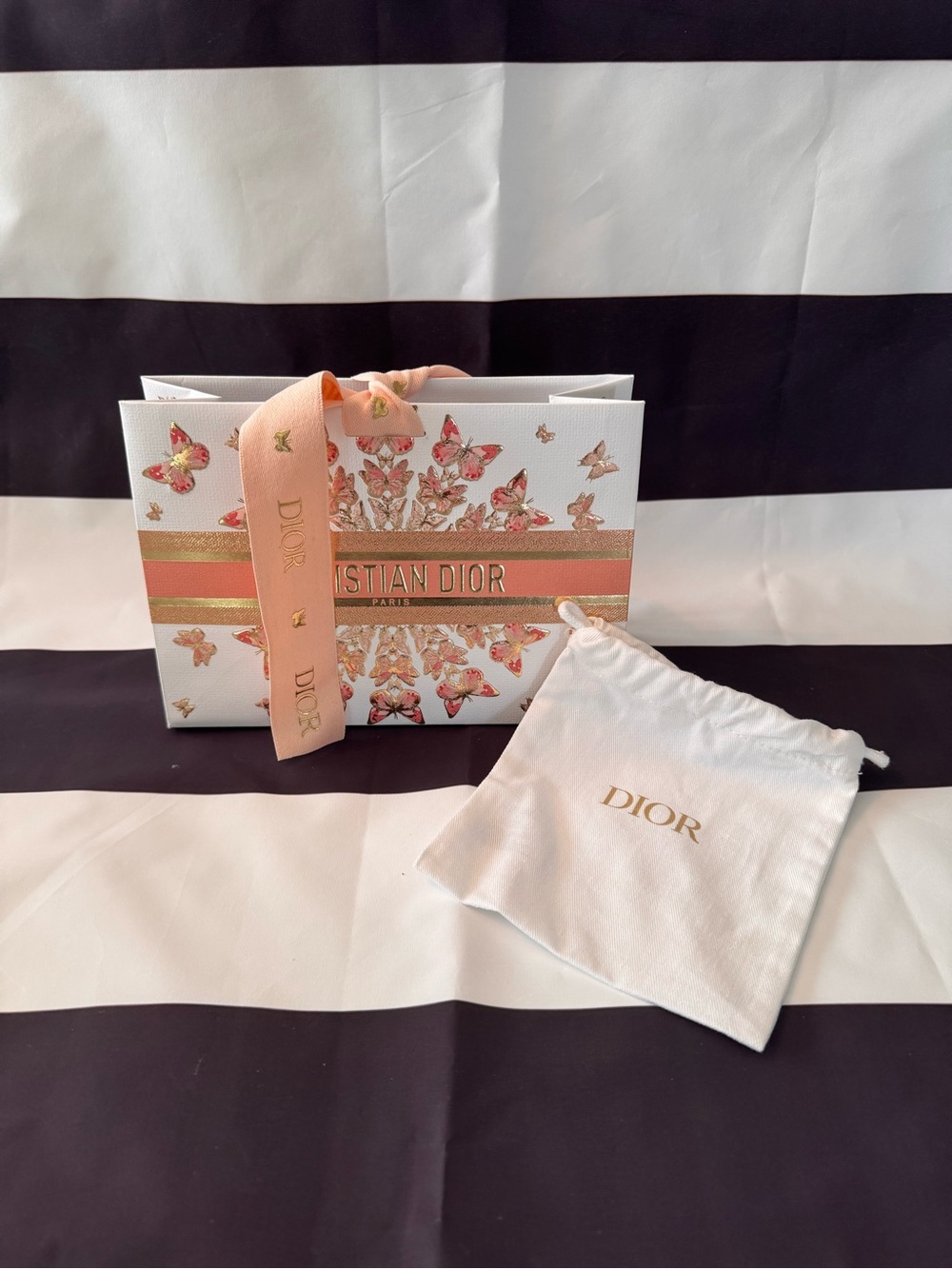 Dior White and Gold Branded Drawstring Pouch